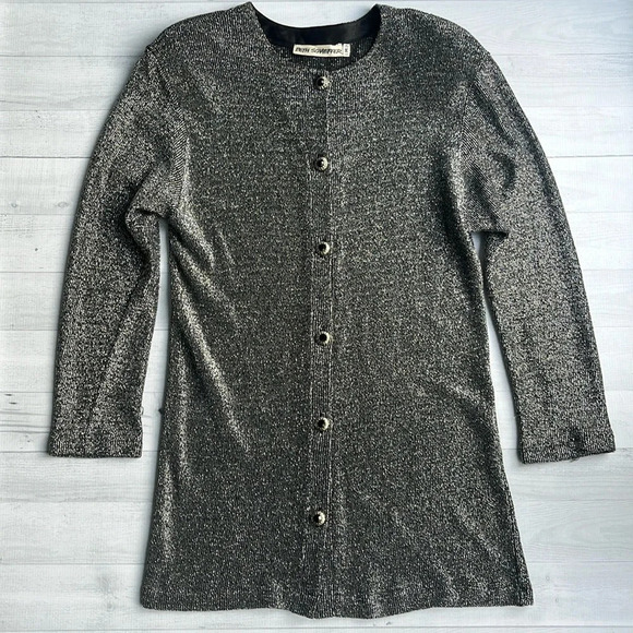 Vintage Beth Schaefer Sweaters - Vintage Palm Beach Beth Schaeffer Silver Metallic Cardigan Sweater M